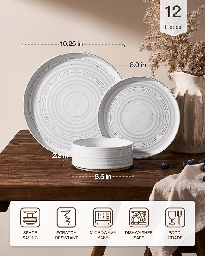 Stoneware Dinnerware Sets, Dish Set for 4, 12 Pieces Spiral Dishware Set with Straight Rim, Speckles & Reactive Glaze - Microwave and Dishwasher Safe Tableware, White