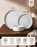 Stoneware Dinnerware Sets, Dish Set for 4, 12 Pieces Spiral Dishware Set with Straight Rim, Speckles & Reactive Glaze - Microwave and Dishwasher Safe Tableware, White