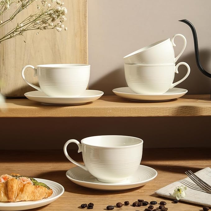 10 oz Cappuccino Cups with Saucers, Ceramic Espresso Coffee Cups Set of 4, White Latte Cup and Saucer, Elegant Tea Mugs Set, Microwave Dishwasher Safe Drinkware for Cafe, Housewarming Gift