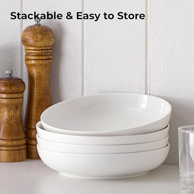 Y YHY Pasta Bowls, 22 Ounces Salad Ceramic Bowl Plate Set of 4, 7.8 Inch Porcelain Pasta Bowls for Serving Dinner and Salad，Wide and Shallow Bowls Set, Microwave and Dishwasher Safe, White
