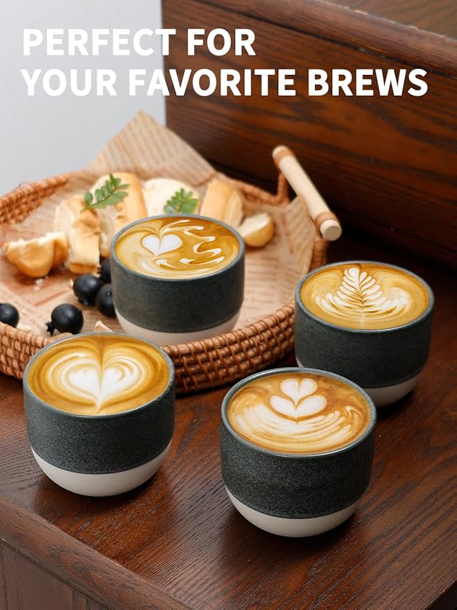 4oz Espresso Cups Set of 4, Ceramic Demitasse Coffee Cups for Espresso, Latte, Cappuccino – Two-Tone Stackable Small Mugs for Home, Cafe, Restaurant – Dishwasher & Microwave Safe