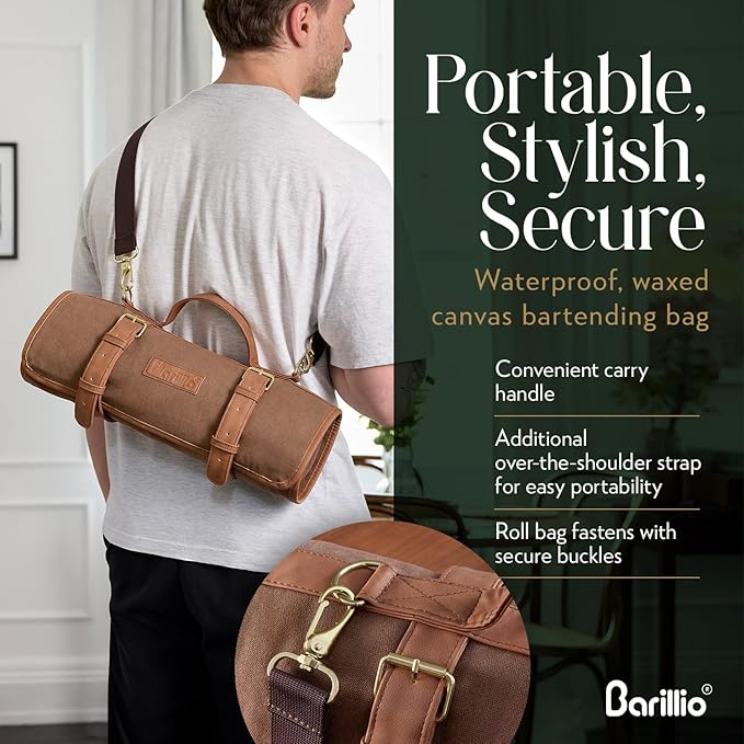 Barillio Bartender Kit Bag with Cocktail Shaker Set - Waxed Canvas, Traveling Bar Tools Bag with 17-Pc Cocktail Kit - Travel Mixology Bartending Kits - Mobile Bar Roll with Strap & Accessories