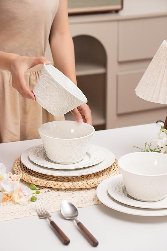 12-Piece Ceramic Dinnerware Set for 4 – Ceramic Plate and Bowel sets, Made by Kolin, Annealing, High Porosity and Density, Dense and Translucence (White)