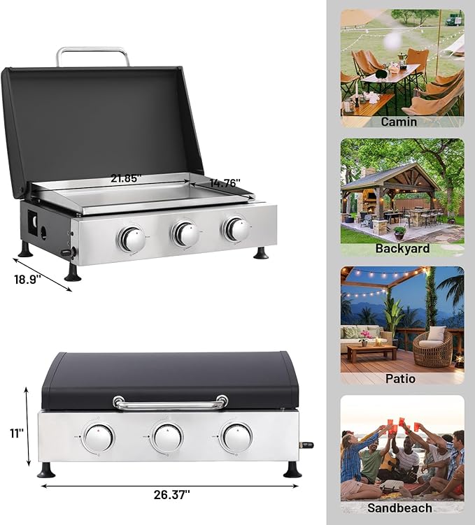 26 inch Tabletop Griddle with Ceramic Coated Cast Iron Plate, 3 Burners Flat Top pan, 28650 BTU Portable Propane Gas BBQ Grill Teppanyaki for Kitchen Outdoor Cooking Barbecue Camping (Griddle)