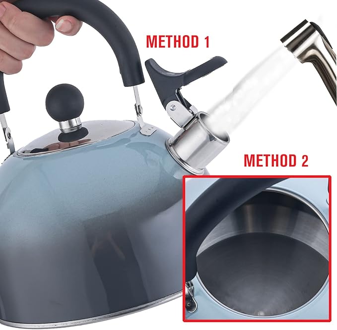 Emeril Lagasse 2.6 Quart/2.5 Liter Whistling Tea Kettle, Stainless Steel Tea Pot for Induction Stove Top, Fast to Boil Water for Home Kitchen Condo, with Ergonomic Cool Folding Grip Handle, Black Comb