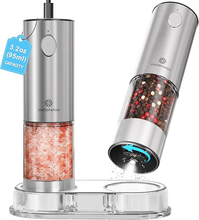 Electric Salt and Pepper Grinder Set, Upgraded 3.2oz (95ml) Large Capacity USB Rechargeable Mill with LED Light & 6 Adjustable Coarseness, Stainless Steel Shaker for Kitchen, BBQ, Gift Giving