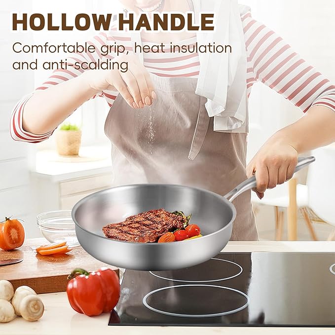 GOLDEN KEY 10 inch Tri-Ply Stainless Steel Pan,Stainless Steel Skillet with Lid,Frying Pan with Lid Compatible with All Cooktops Up to 600,Dishwasher Safe