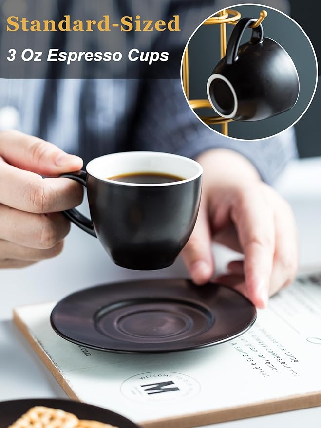 YHOSSEUN 3 Ounces Espresso Cups with Saucers Set, Porcelain Latte Cups and Metal Stand Demitasse Cups for Espresso, Latte, Cafe Mocha, Cappuccino and Tea, Set of 6, Black