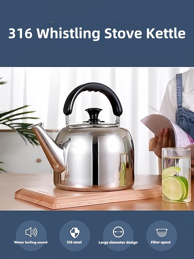 Whistling Stovetop Tea Kettle,Food Grade 316 Stainless Steel,Hot Water Fast to Boil,Stovetop Kettle with Ergonomic Handle,5.3 Quart Capacity