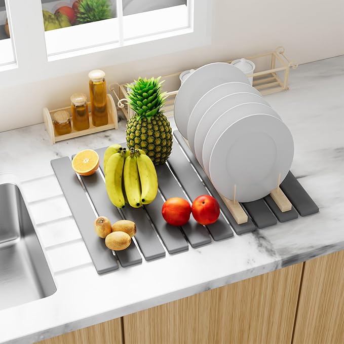 Large Stone Drying Mat for Kitchen Counter, 24"(L)×16"(W), Foldable Diatomaceous Earth Mat, Fast Drying & Absorbent Pad for Dishes, Bottles, Cups, Bathroom & Any Countertop (Gray)