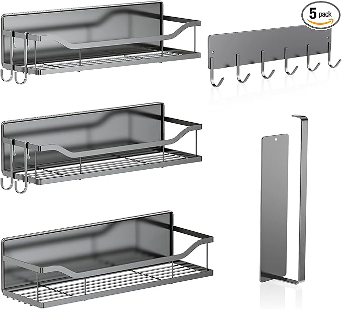 5 Pack Multifunctional Magnetic Shelves for Refrigerator Spice Rack & Washing Machine Organize, Include Paper Towel Holder, Kitchen Utensil Hanger and Hooks, Strong Magnet for Secure Hold (Gray)