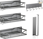 5 Pack Multifunctional Magnetic Shelves for Refrigerator Spice Rack & Washing Machine Organize, Include Paper Towel Holder, Kitchen Utensil Hanger and Hooks, Strong Magnet for Secure Hold (Gray)