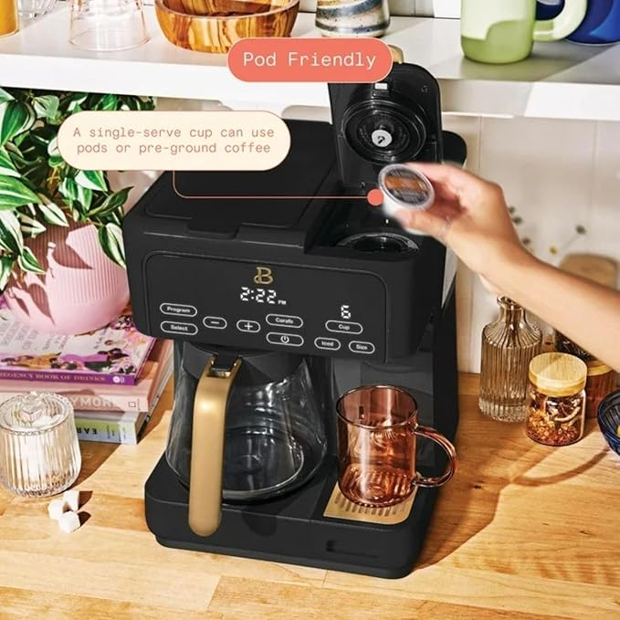 Beautiful Multi-Brew Coffee Maker – 12-Cup Carafe & Single-Serve Pod or Grounds, Iced Coffee Mode, Programmable Touch Display, Includes Filters (Black Sesame)