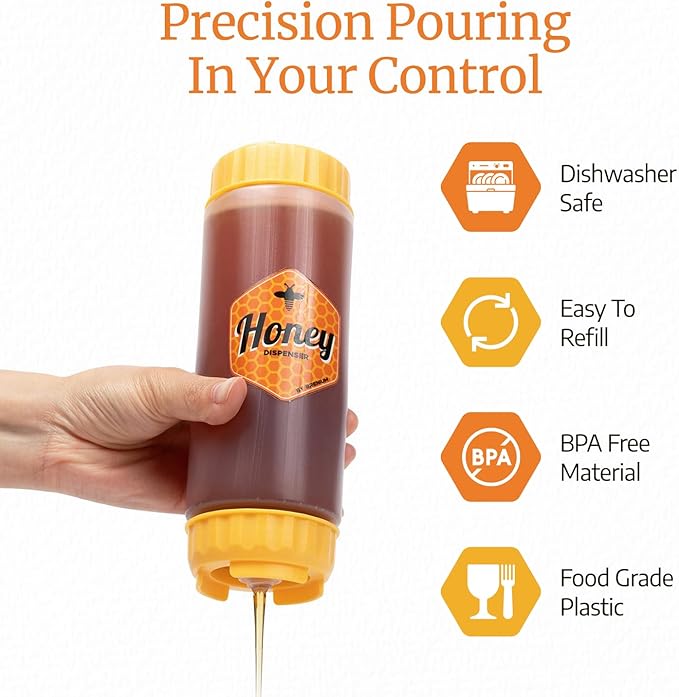 No‑Drip Honey Dispenser Bottle FIFO – 18 oz BPA-Free Squeeze Jar with Silicone Valve for Mess-Free Pouring – Refillable Honey Container for Syrup, Agave, Salad Dressing, Breakfast Use