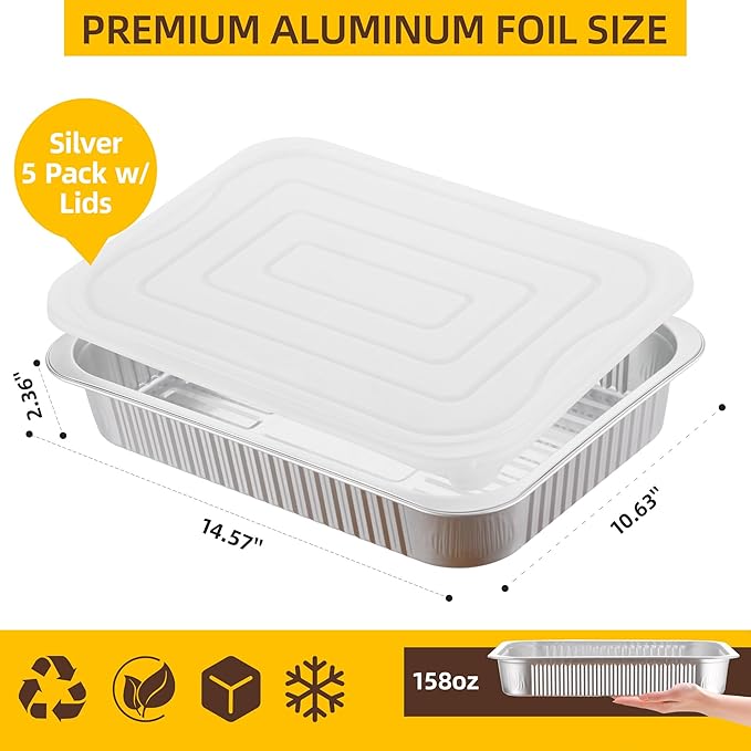 Aluminum Foil Pan with Lids, Heavy Duty Disposable Aluminum Baking Pans, 14.57"×10.63" Steam Table Pans for Cooking, Heating, Storing, Prepping Roasting and Chafing (5 Pack Silver w/Lids)