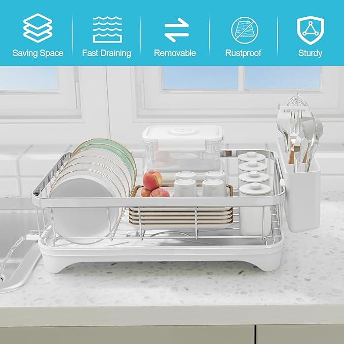 Dish Drying Rack 304 Stainless Steel Dish Racks,Adjustable Spout Auto-Draining Dish Drainers for Kitchen Counter, Large Capacity Dish Rack for Bowls, Cups, White