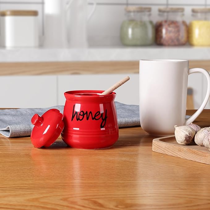 ONTUBE Honey Jar with Dipper and Lid, Ceramic Honey Pot 12oz (Red)