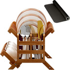 Greenual Teak Dish Drying Rack with Utensil Holder, 2 Tier Collapsible Dish Rack, Wooden Dish Racks for Kitchen Counter, Folding Drying Holder with Absorbent Dish Drying Mat