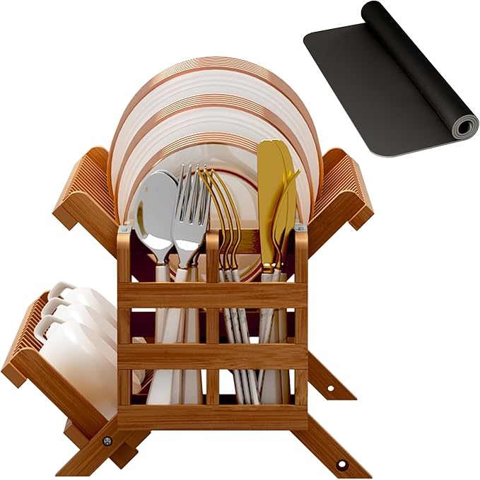 Greenual Teak Dish Drying Rack with Utensil Holder, 2 Tier Collapsible Dish Rack, Wooden Dish Racks for Kitchen Counter, Folding Drying Holder with Absorbent Dish Drying Mat