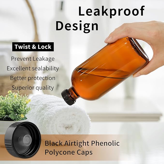 15 Pack 16oz Amber Glass Boston Round Bottles with Phenolic Polycone Caps – Airtight, Leak-Proof Brown Glass Containers for Kombucha Brewing, Storing Condiments, Essential Oils, and Homemade Solutions