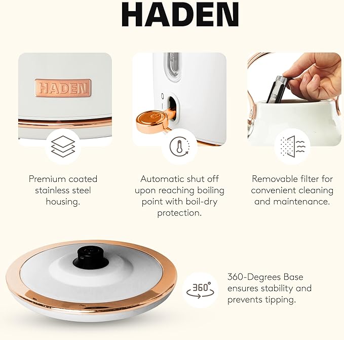 Haden Heritage 1.7 Liter Stainless Steel Electric Kettle, Hot Water Kettle with 360-Degree Base and Auto Shutoff, Ivory & Copper