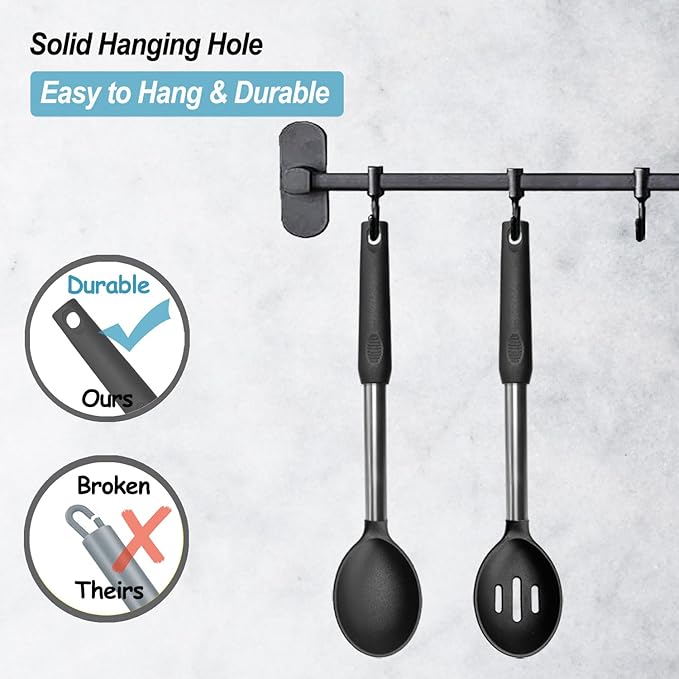 Pack of 2 Large Silicone Cooking Spoons,Non Stick Solid Basting Spoon,Heat-Resistant Kitchen Utensils for Mixing,Serving,Draining,Stirring (Black)