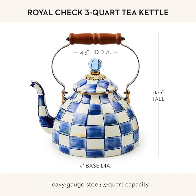 MACKENZIE-CHILDS Enamel Tea Kettle, Stylish Tea Kettle for Stovetop, Blue-and-White Royal Check, 3 Quarts