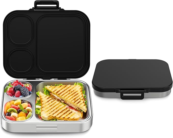 Stainless Steel Bento Box Kids, Leak Proof Metal Bento Lunch Box,3 Compartments 304 Stainless Steel Bento Lunch Containers for School and Office,Dishwasher Safe, BPA-Free(Black)