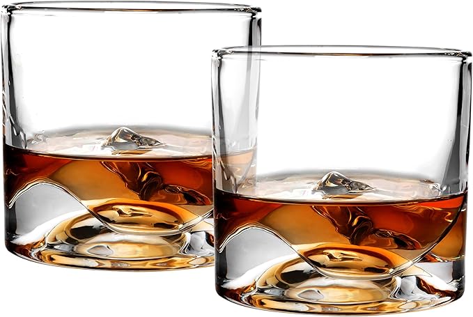 LIITON Denali Mountain Heavy Crystal Whiskey Glasses Gift Set of 2, Thick Freezable Bourbon Glass 1lb Each, Premium Whiskey Gifts for Men, Frozen Crystal Chills Cocktails, 10 oz
