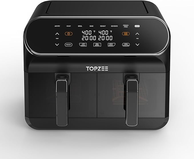 8 QT Large Air Fryer, Dual Basket Airfryer with Easy View Windows, Preheat, Air Fry, Roast, Broil, Bake, Dehydrate, 2 Independent 4 QT Nonstick Dishwasher Safe Baskets, w/Gray Border