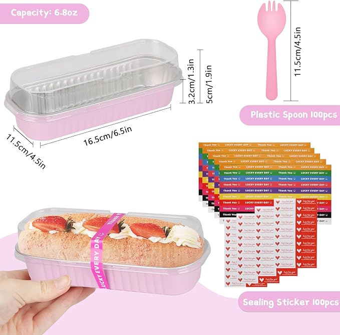 100 Pack Mini Loaf Pans Mini Cake Pans with Lids and Spoons Sealing Sticker, 6.8oz Rectangle Aluminum Foil Baking Pans Disposable Loaf Cake Pan for Baking (Pink)