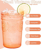 Ciaell 12 Pack Romantic Plastic Water Glasses - 14 Oz Amber Vintage Drinking Glasses, Embossed Ribbed Plastic Cups, Textured Striped Set for Juice, Beverages, Beer, Cocktai & Thanksgiving