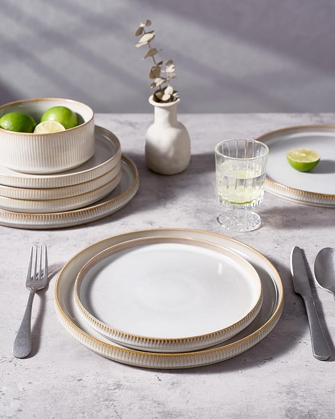 famiware Star Dinner Plates for 6, 10 inches Plate Set, Scratch Resistant, Stoneware Dinnerware, Kitchen Modern Rustic Serving Dishes, Cappuccino White