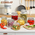 ComSaf 25oz Airtight Glass Canisters with Lids Set of 6, Square Food Storage Jar Container with Clamp Lids for Kitchen Canning Cereal Coffee Pasta Sugar Beans Spice, Clear Mason Jars with 12 Labels