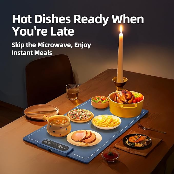 Food Warming Mat Electric Heating Tray for Buffets and Parties 3 Adjustable Temperature Settings from 40 to104 Degrees Fast Heating in 10 Seconds Child Safety Lock Easy to Clean (Blue)