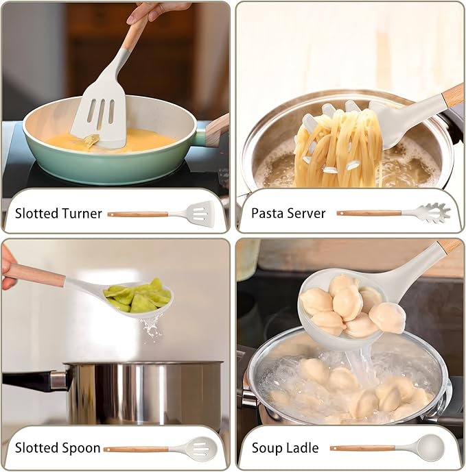 P&P CHEF Silicone Cooking Utensils Set, 8-Piece Kitchen Cooking Utensil with Wooden Handle, Silicone Spatula for Nonstick Cookware, Heat-proof & Easy Clean, Khaki