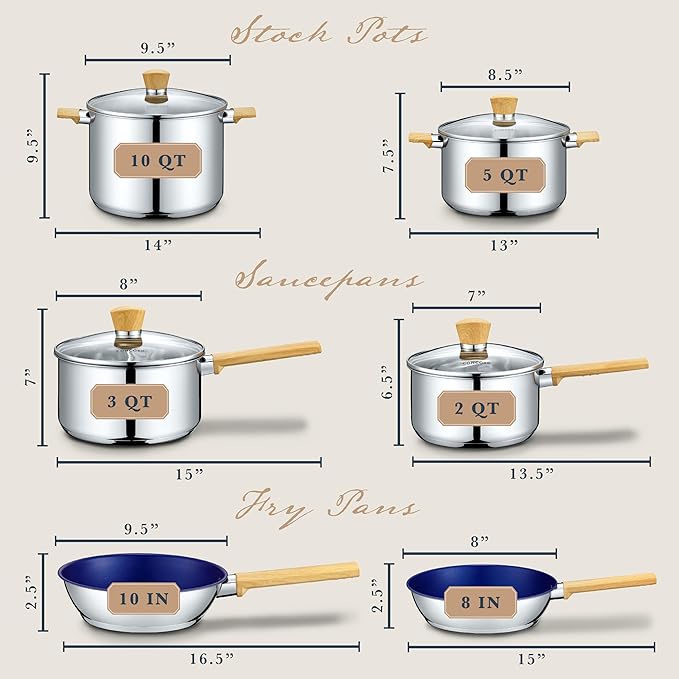 Concord 10 Piece Stainless Steel Cookware Set, includes Saucepans, Stock Pots and Pans/Skillets