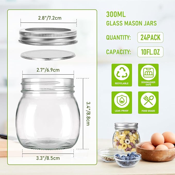 10 oz Mason Jars with Lids 24pack,Glass Mason Jars with Lids-Mason Jars 10 oz for Jam,Honey, Beans, Wedding Favors,Vegetables (10 fl. oz, Set of 24)