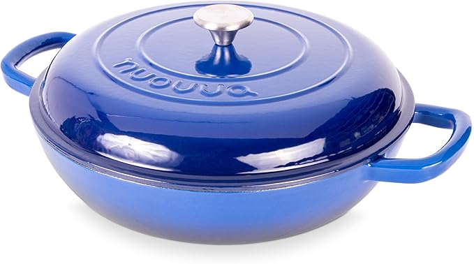 Shallow Cast Iron Casserole with Lid – Non Stick Dutch Oven Pot, Oven Safe up to 500° F – Sturdy Ovenproof Stockpot Cookware – Enamelled Cooking Pot – Dark Blue, 5-Quart, 32cm – by Nuovva