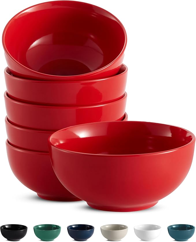 KooK Soup Bowls, Cereal Bowl, Ceramic, Bowls for Kitchen, Microwave, Dishwasher and Freezer Safe, Porcelain Dishes for Pasta, Salad, Oatmeal, Deep Interior, 20 oz, Set of 6, (Red)