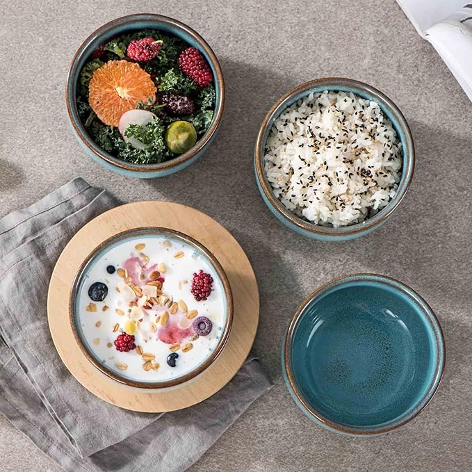 Henten Home Ceramic Salad Bowl Set, 15 OZ Cereal Bowls Set of 4, Porcelain Rice Bowls for Kitchen, Reactive Glaze Serving Soup Bowls for Snack, Pasta, Microwave Safe (Aqua)