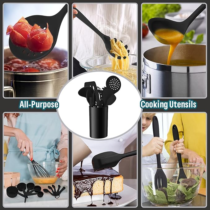 Silicone Kitchen Utensils Set, E-far 23 Pcs Black Cooking Utensils Tools with Holder for Nonstick Cookware, Include Spatula/Spoon/Ladle/Tongs/Turner, Heat Resistant & Nontoxic, Dishwasher Safe
