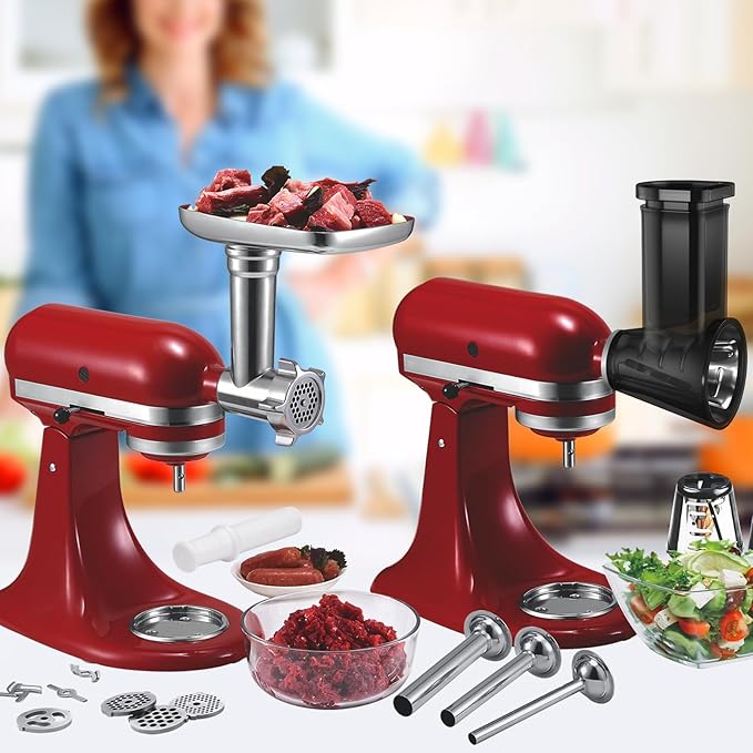 Meat Grinder&Slicer Shredder Attachments for KitchenAid Stand Mixer, Metal Food Grinder with Sausage Stuffer Tubes, Cheese Grater Attachment Salad Maker, Burger Press For KitchenAid Mixer Accessories