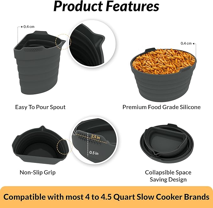 PREMIUM QUALITY: Tasmai 3 Pack, Crock pot liners, 4-8 Quart Slow Cooker Liners, Reusable Silicone crockpot liner, Crockpot liner, Crock pot divider, Crockpot divider insert (4-4.5 Quart (Gray))