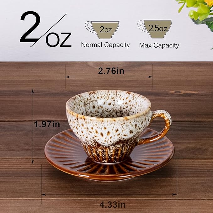 2 oz Espresso Cups Set of 2, Ceramic Cappuccino Cups with Saucers, Durable Porcelain Tea Set & Modern Coffee Cup Collection, Coffee Lover Gifts, Glazed White