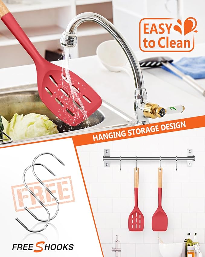 Pack of 2 Silicone Spatula, Non Stick Cooking Utensil Set Wooden Handle Kitchen Turner for Baking Mixing Grilling Serving Food Heat Resistant Non Scratch Hooks Included (Red)