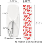 Wire Hooks for Wall Medium 16 Hooks, Heavy Duty Wall Hooks with 16 Strips, Damage Free Adhesive Hooks for Key Holder, Coat, Door, Shower Hanging