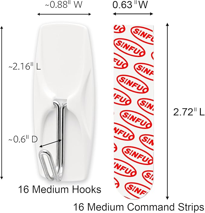 Wire Hooks for Wall Medium 16 Hooks, Heavy Duty Wall Hooks with 16 Strips, Damage Free Adhesive Hooks for Key Holder, Coat, Door, Shower Hanging