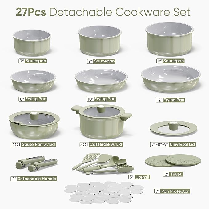 CAROTE 27pcs Ceramic Cookware Set Nonstick, Pots and Pans Set Non Stick, Non Toxic Cookware Detachable Handles, Dishwasher/Oven Safe, RV/Camping Cookware, Pan and Pot with Kitchen Utensils, Green