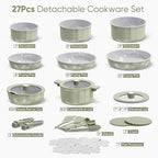 CAROTE 27pcs Ceramic Cookware Set Nonstick, Pots and Pans Set Non Stick, Non Toxic Cookware Detachable Handles, Dishwasher/Oven Safe, RV/Camping Cookware, Pan and Pot with Kitchen Utensils, Green